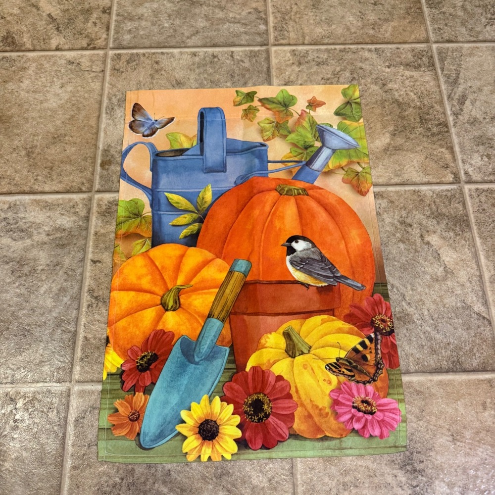 Madan Autumn Harvest Garden Flag Pumpkins Chickadee Watering Can 12x18 Inch
